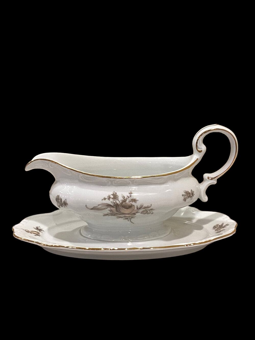 Johann Haviland Sepia Rose Gravy Boat w/ Underplate Bavaria, Germany